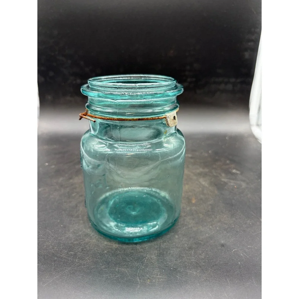 Vintage Ball Ideal Aqua Blue Glass Mason Jar with Wire Bail Patina Antique